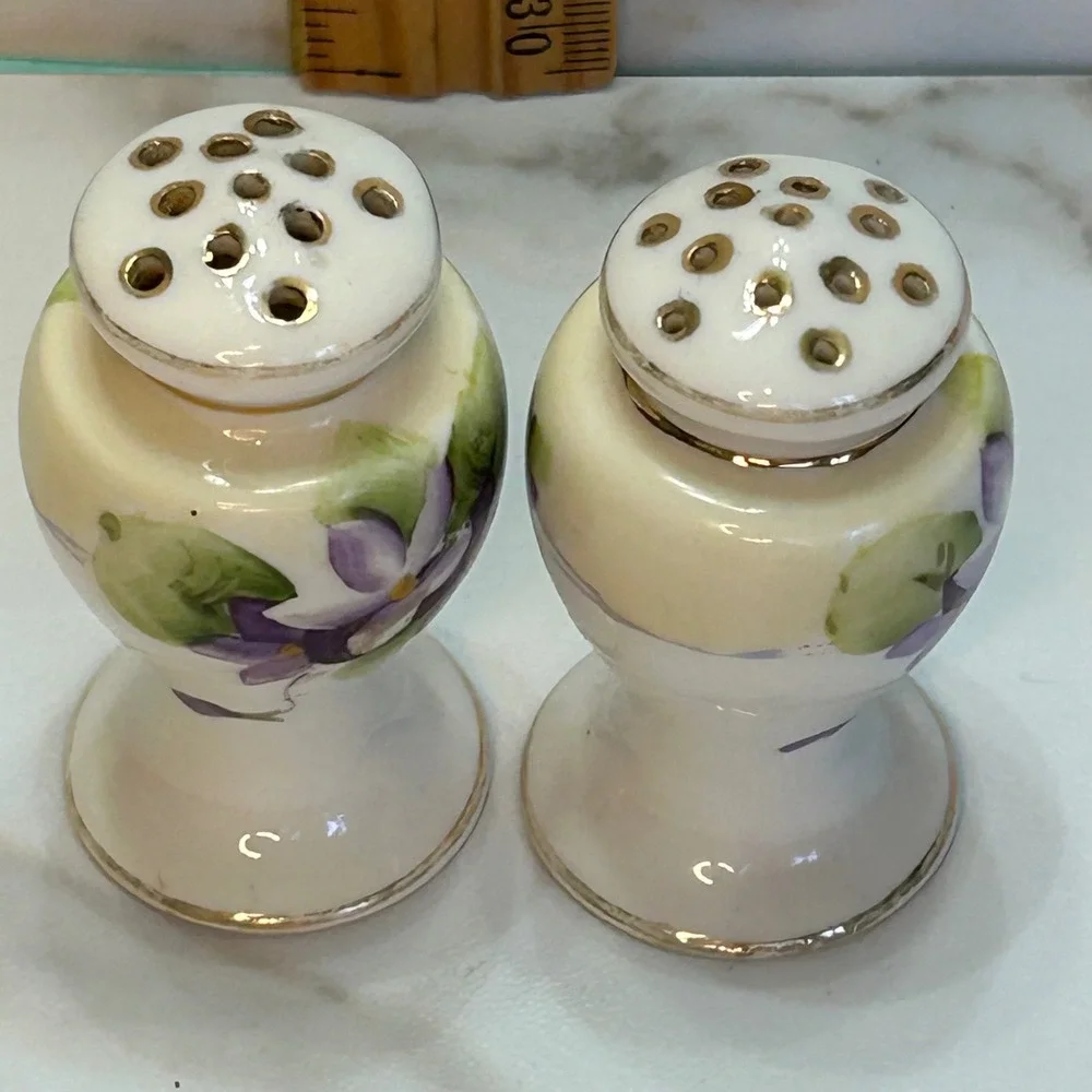 Vintage Nippon Hand Painted Porcelain Salt and Pepper Shakers Violets Gold